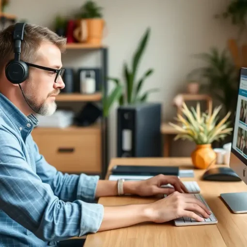 Een vrijwilliger werkt aan de website